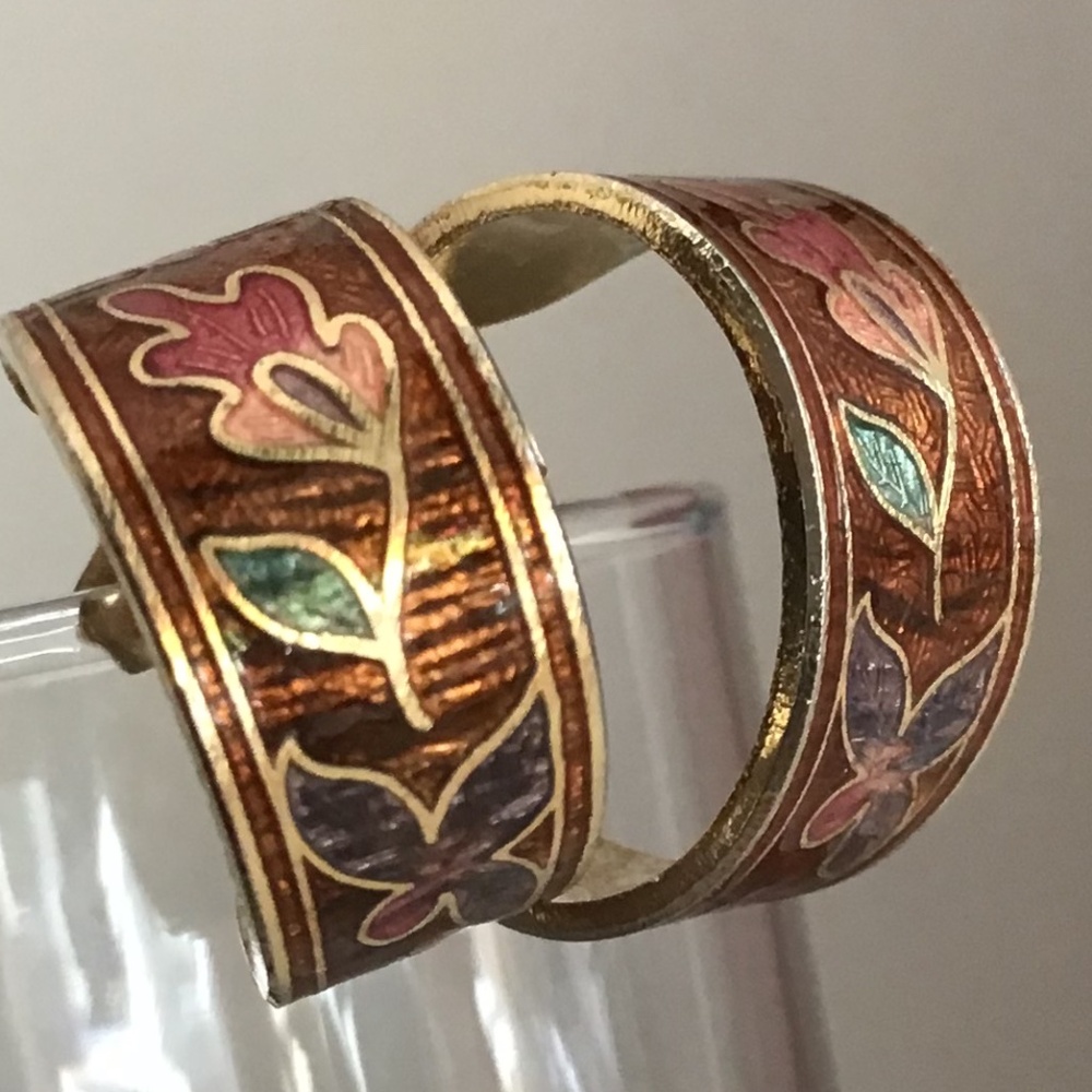 Vintage Cloisonné Enamel Floral Hoop Earrings Gold Tone Boho Retro Autumn - Picture 4 of 10